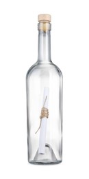 Photo of Corked glass bottle with rolled letter isolated on white