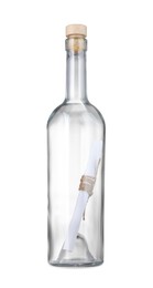 Photo of Corked glass bottle with rolled letter isolated on white