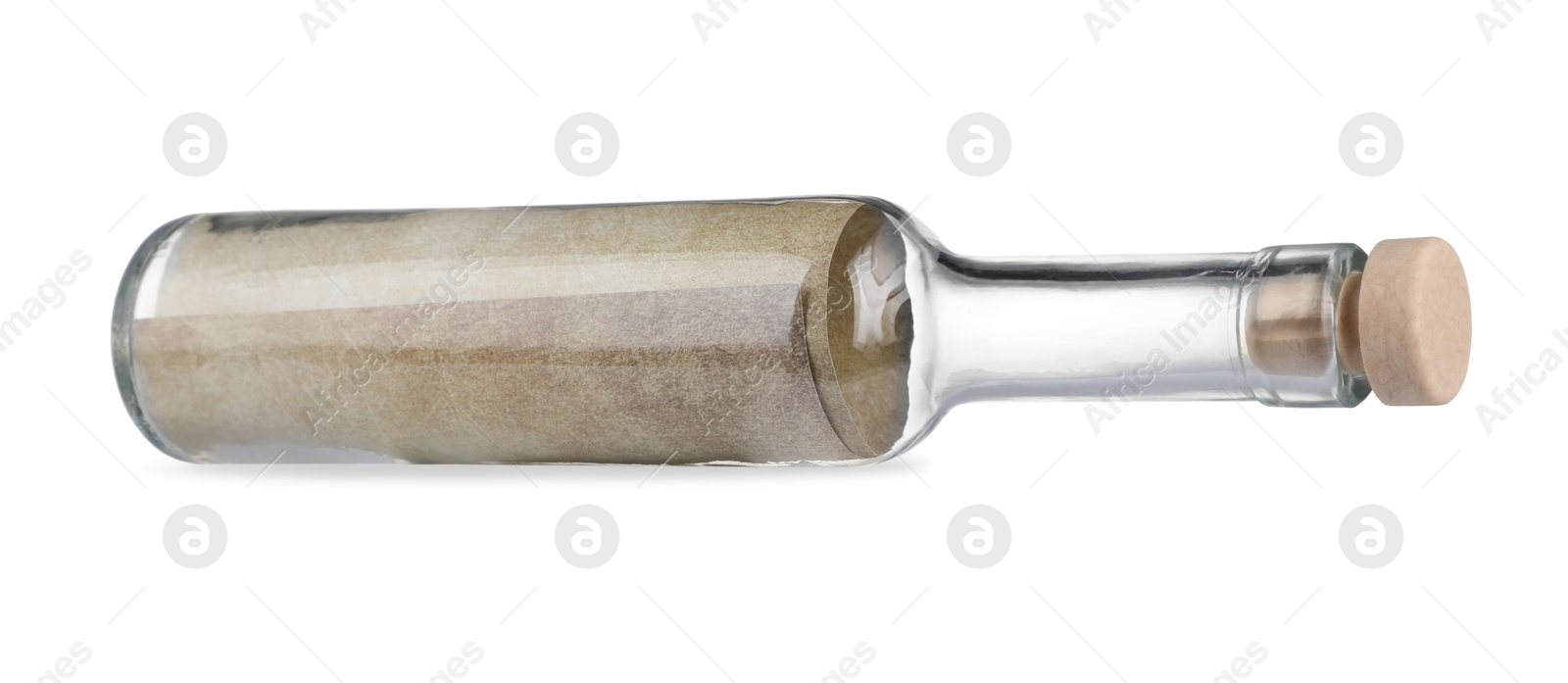 Photo of Corked glass bottle with rolled letter isolated on white