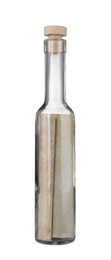 Photo of Corked glass bottle with rolled letter isolated on white