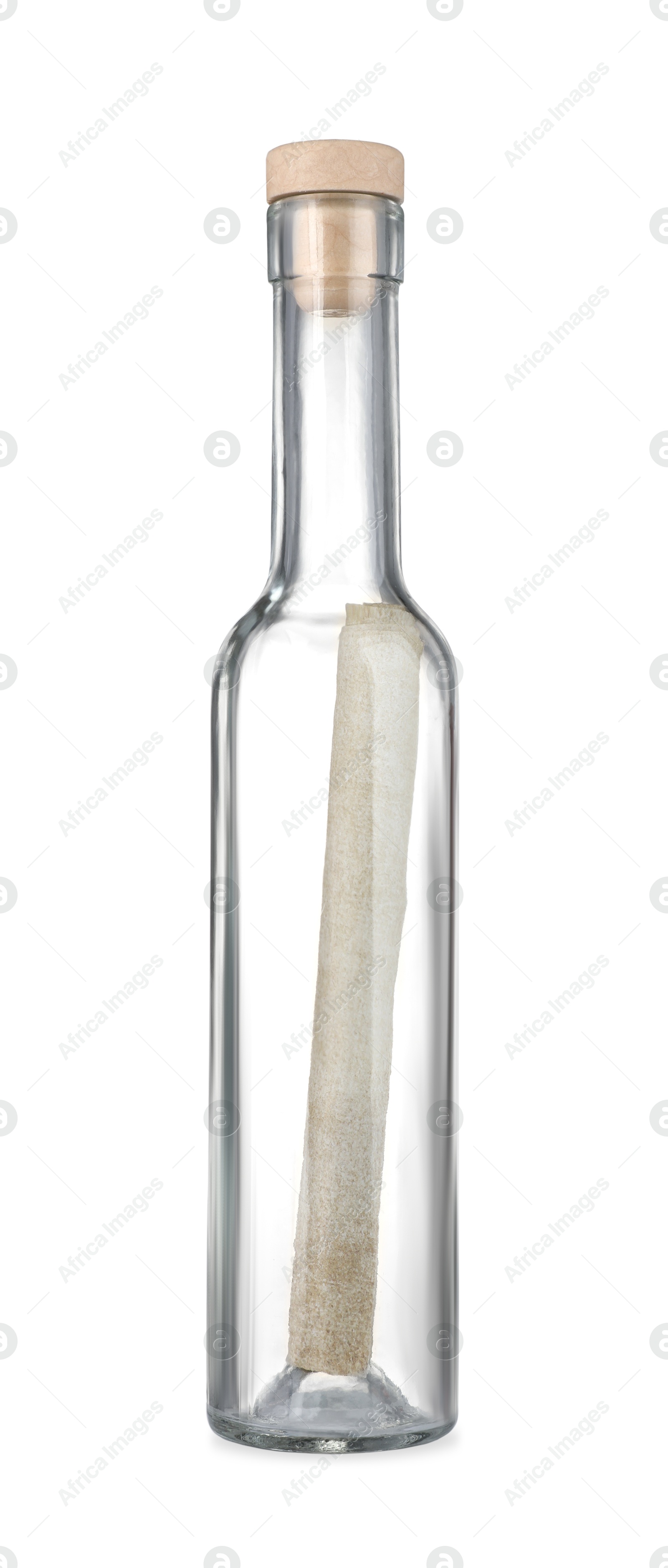 Photo of Corked glass bottle with rolled letter isolated on white