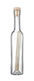 Photo of Corked glass bottle with rolled letter isolated on white