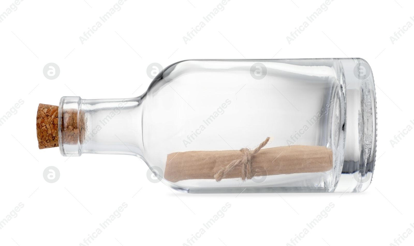 Photo of Corked glass bottle with rolled letter isolated on white