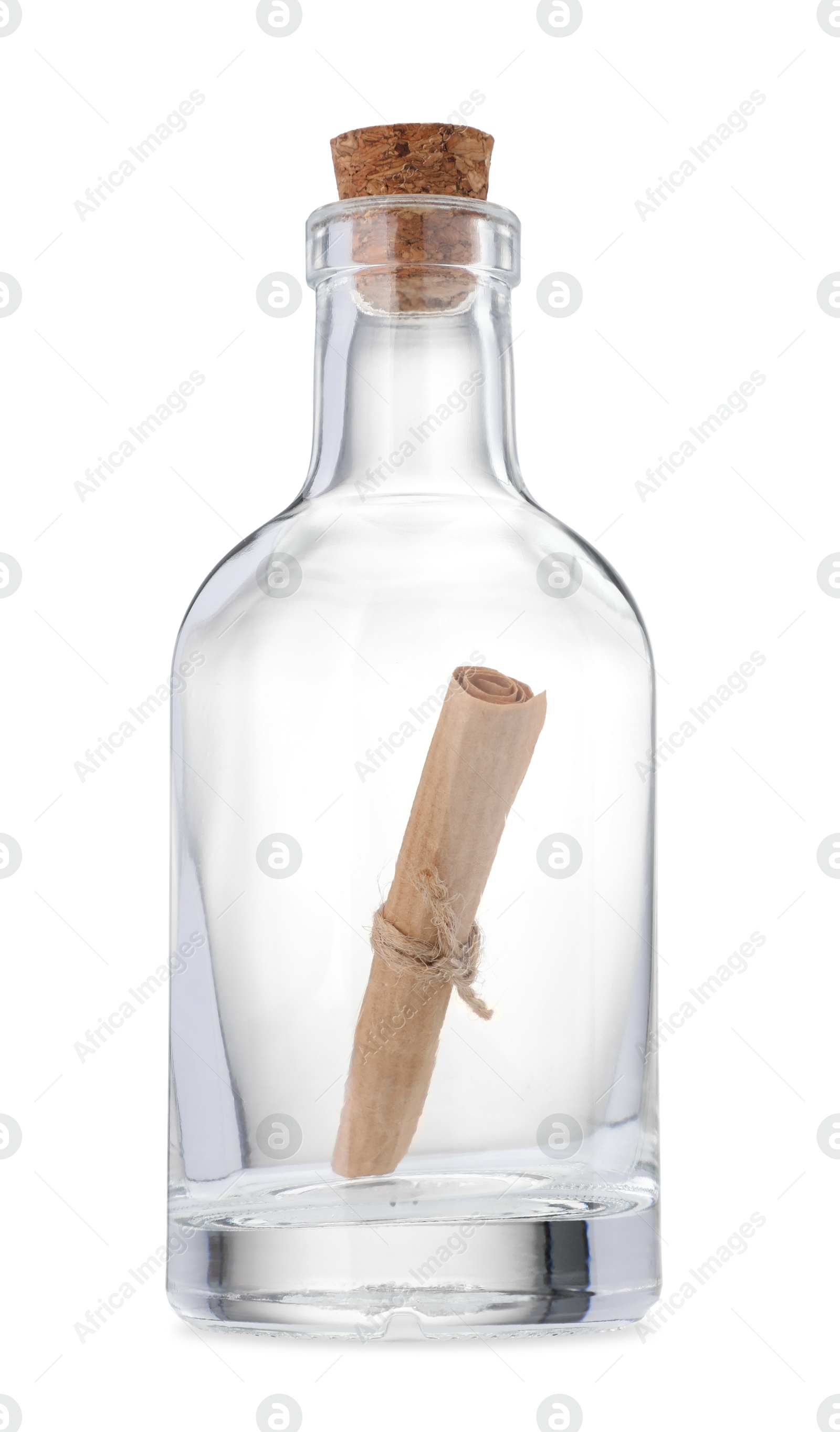 Photo of Corked glass bottle with rolled letter isolated on white