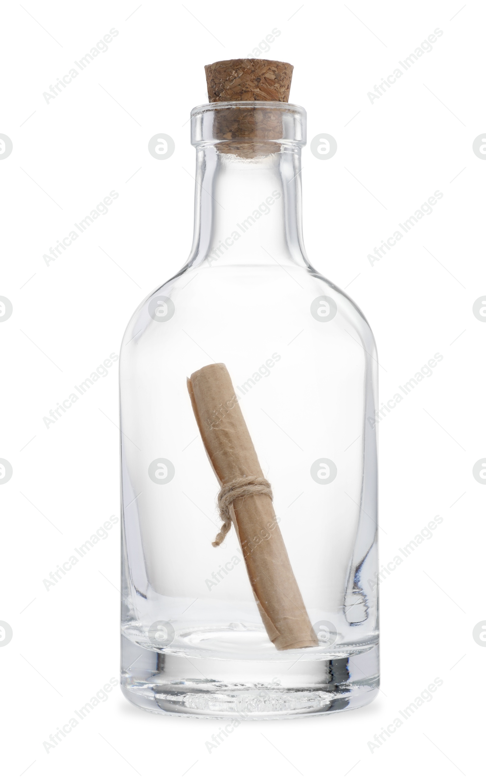 Photo of Corked glass bottle with rolled letter isolated on white