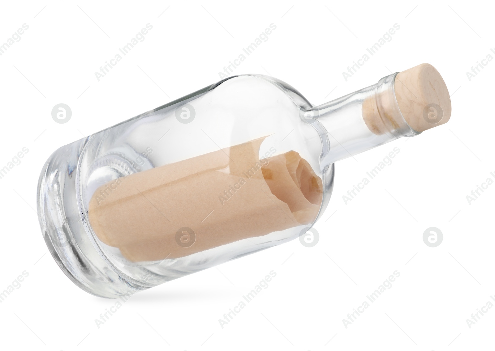 Photo of Corked glass bottle with rolled letter in air isolated on white