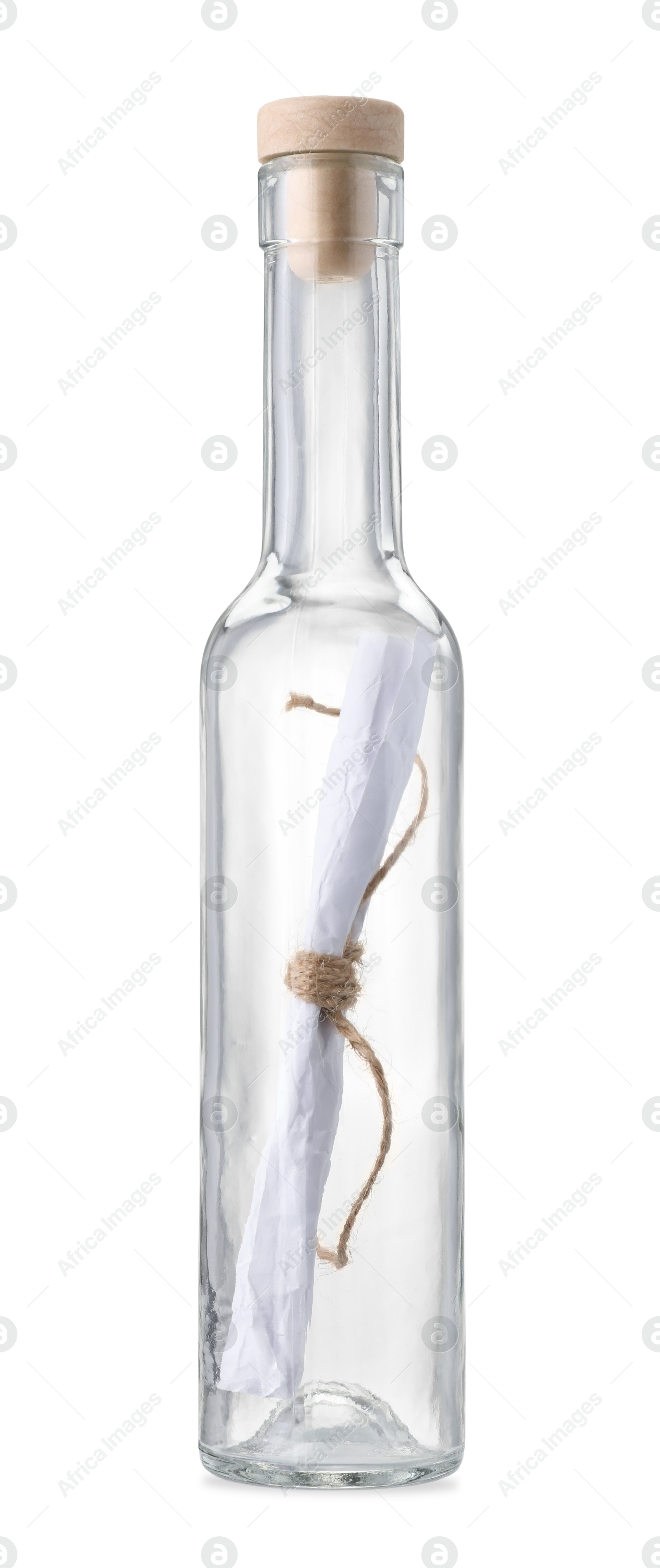 Photo of Corked glass bottle with rolled letter isolated on white