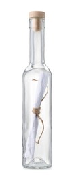 Photo of Corked glass bottle with rolled letter isolated on white