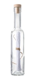 Photo of Corked glass bottle with rolled letter isolated on white