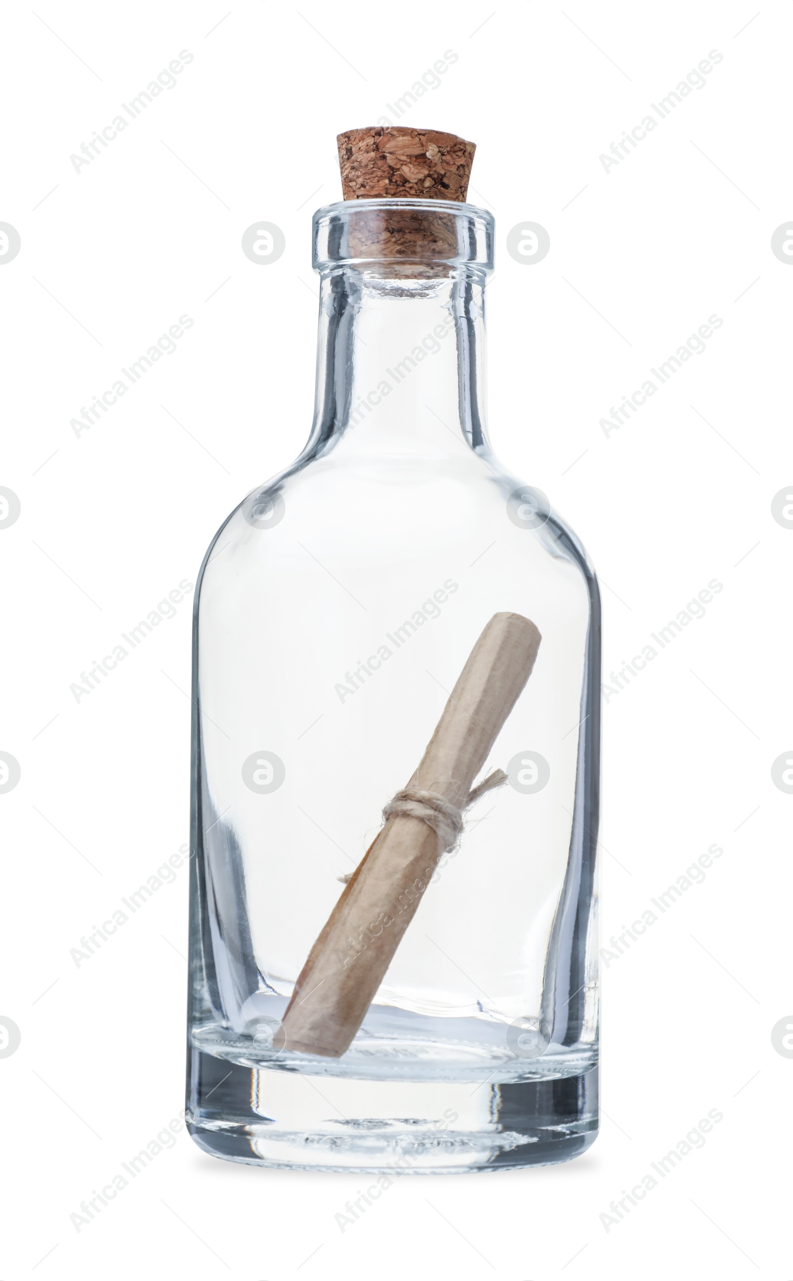 Photo of Corked glass bottle with rolled letter isolated on white