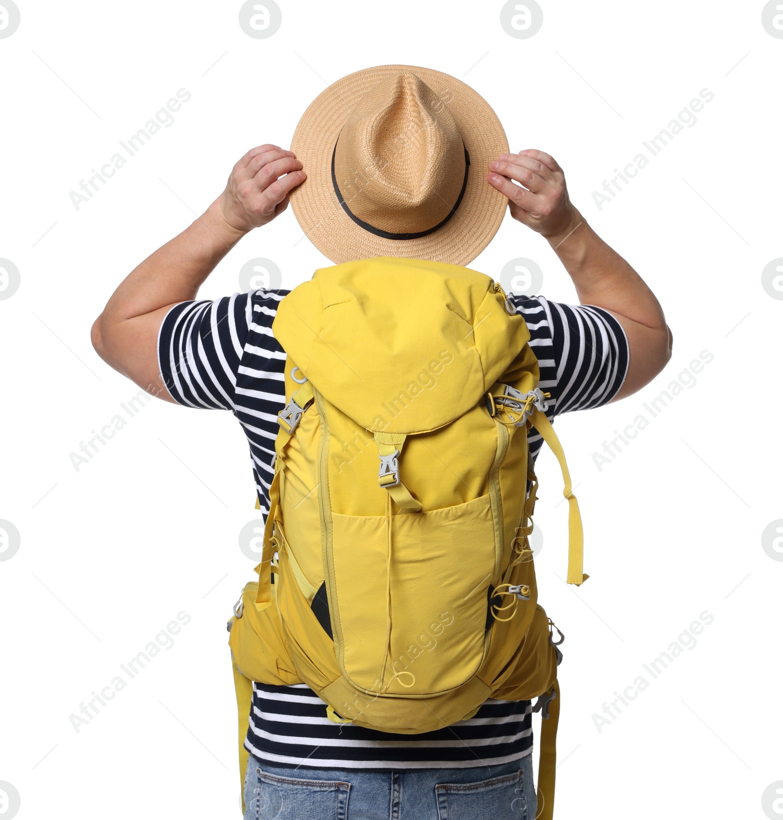 Photo of Traveller with backpack on white background, back view