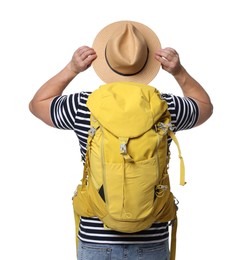 Photo of Traveller with backpack on white background, back view