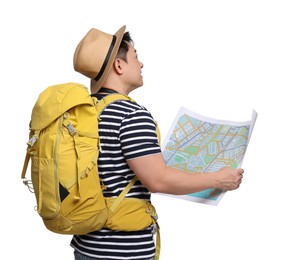 Photo of Traveller with map and backpack on white background