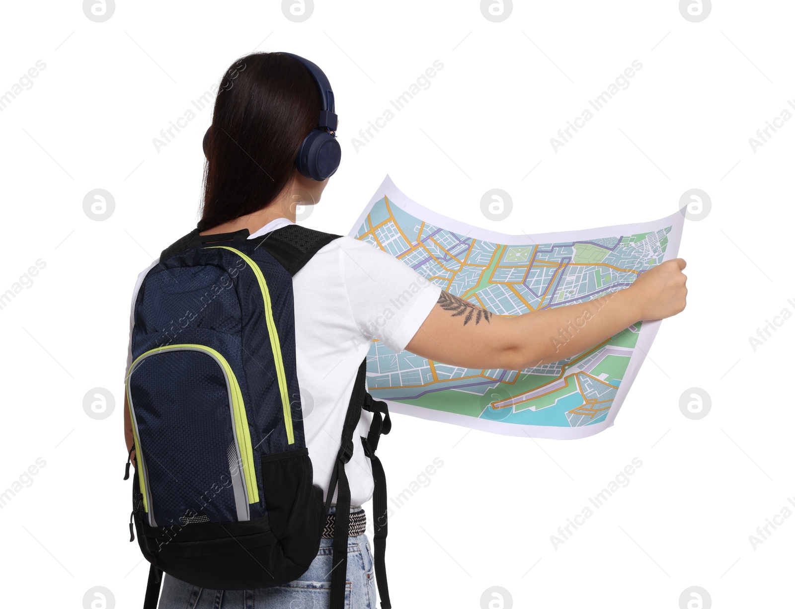 Photo of Traveller with backpack and map on white background, back view