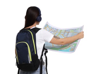 Photo of Traveller with backpack and map on white background, back view