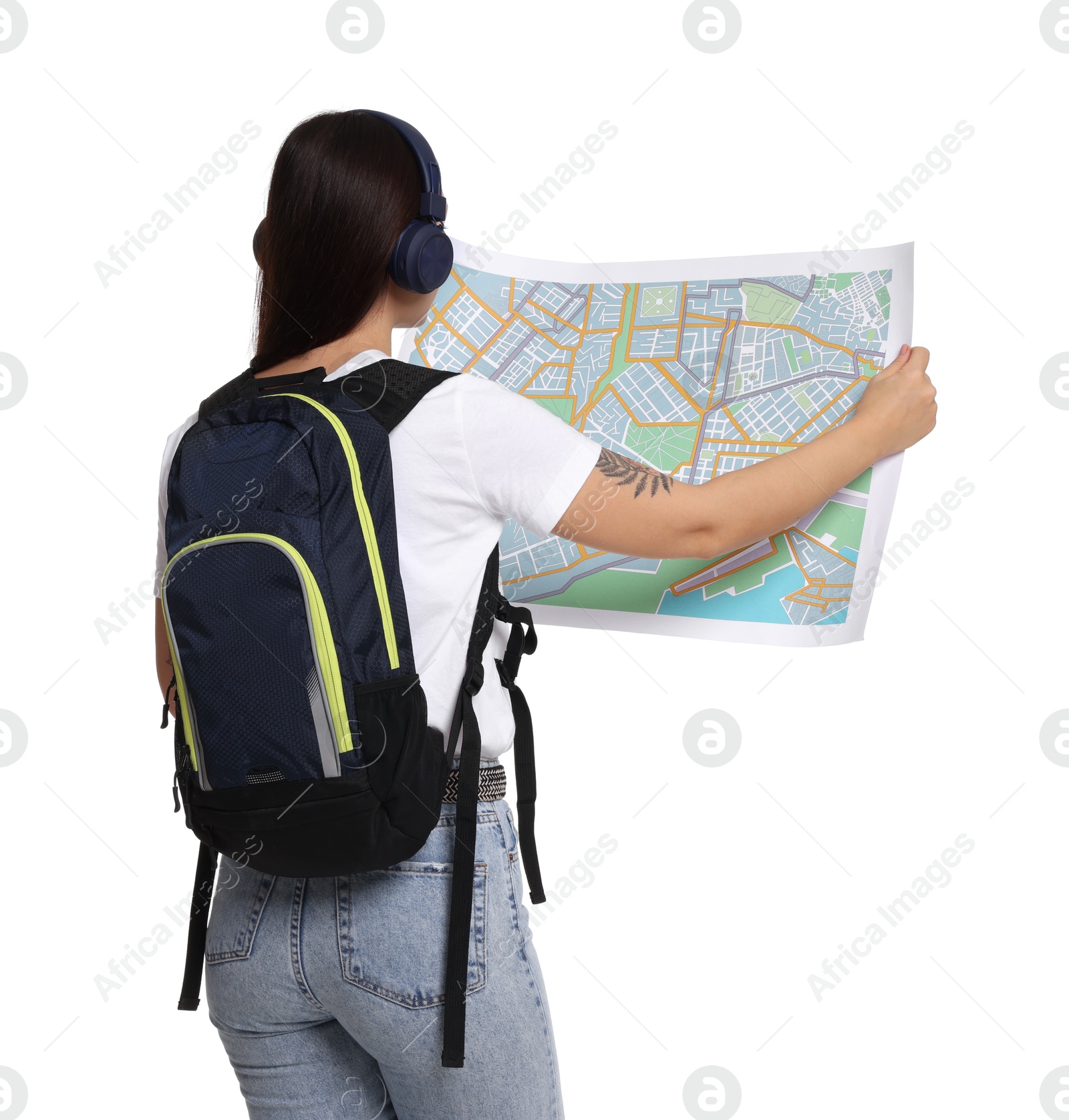 Photo of Traveller with backpack and map on white background, back view