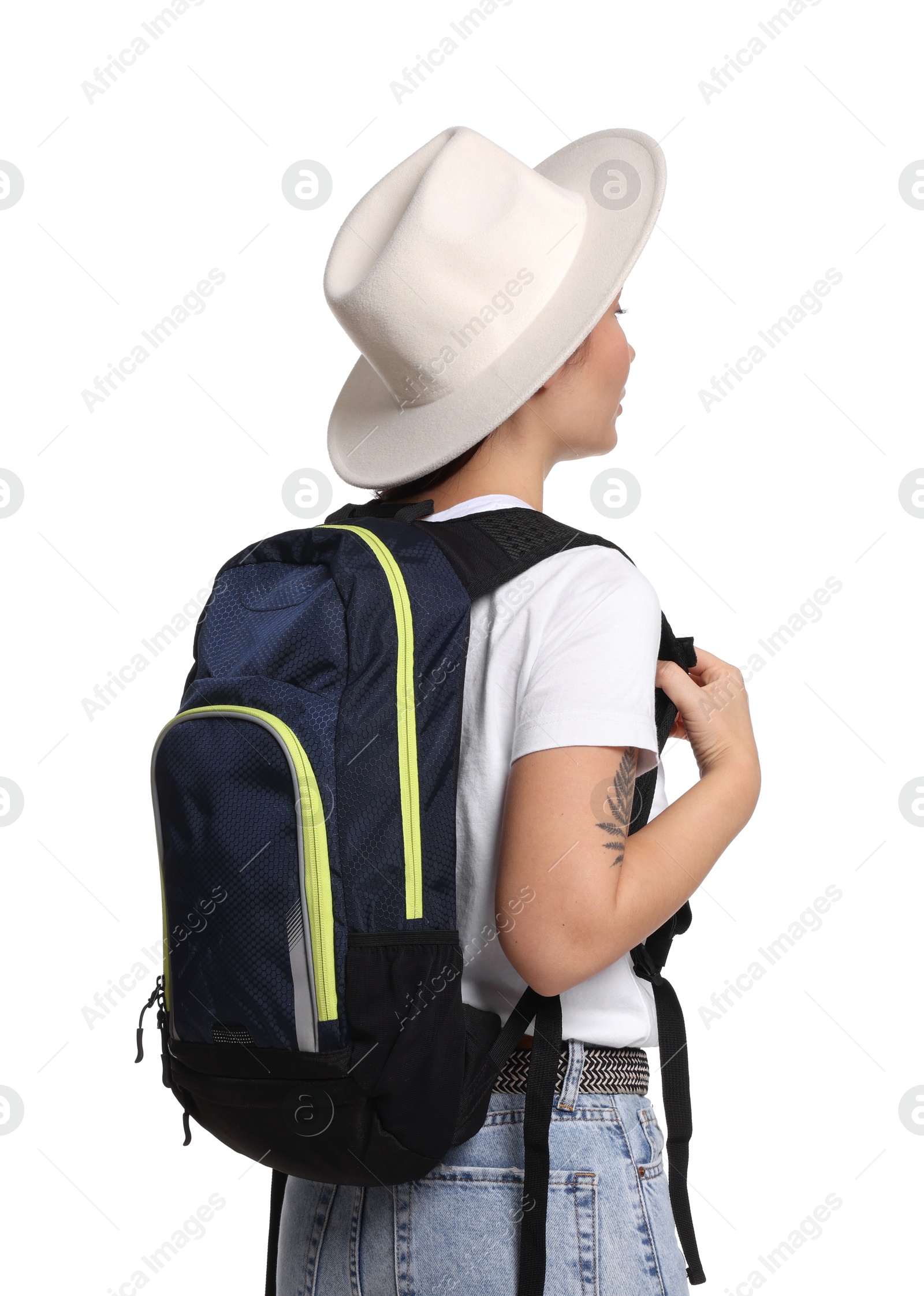 Photo of Traveller in hat with backpack on white background