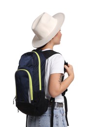 Photo of Traveller in hat with backpack on white background