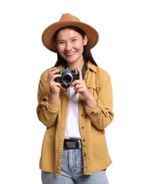 Photo of Happy traveller with camera on white background