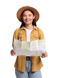 Photo of Happy traveller with map on white background