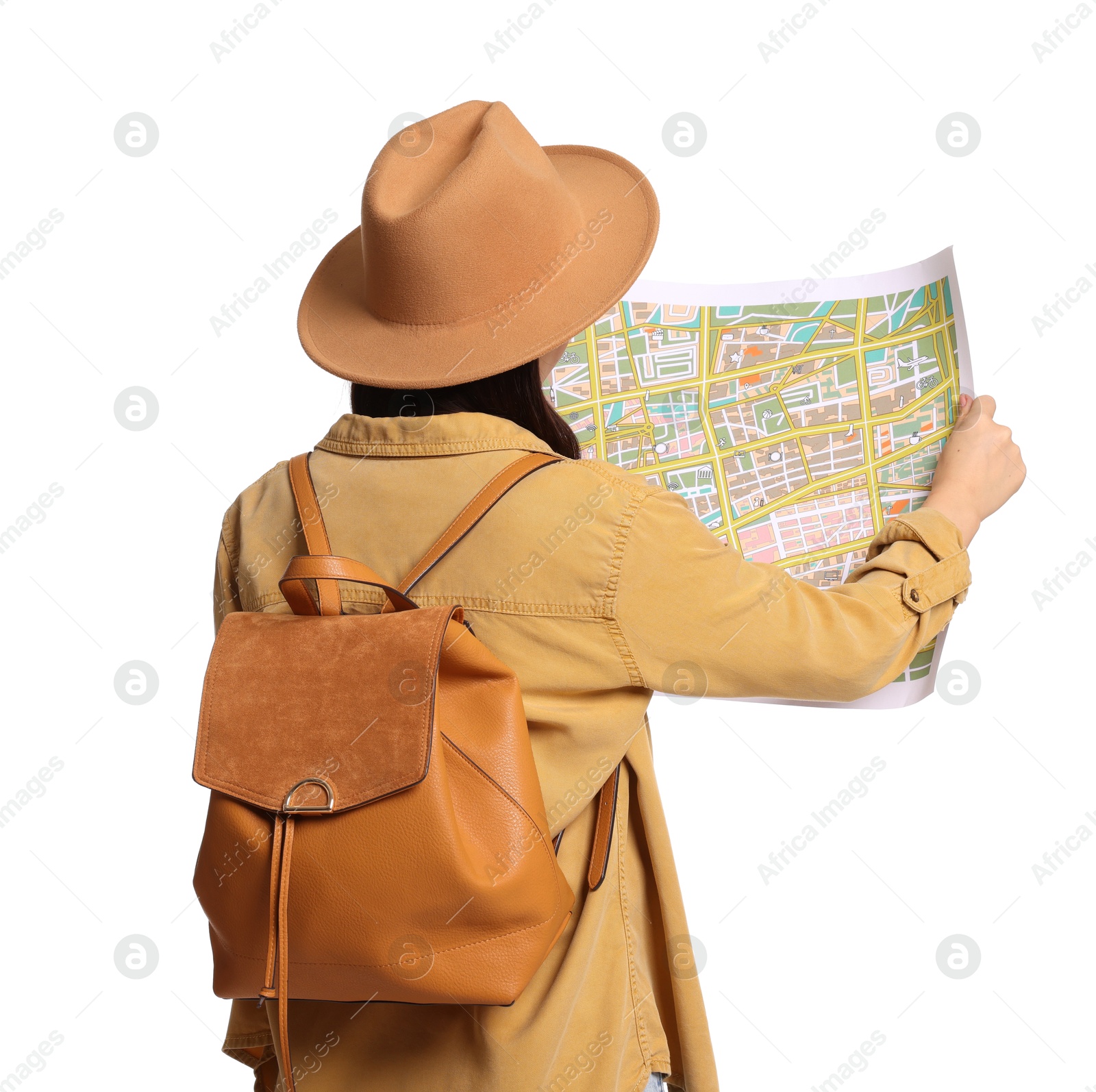 Photo of Traveller with map and backpack on white background, back view