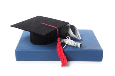 Photo of Graduate hat, dollar banknotes and book isolated on white. Tuition payment