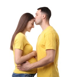 Photo of Pregnant woman and her husband on white background