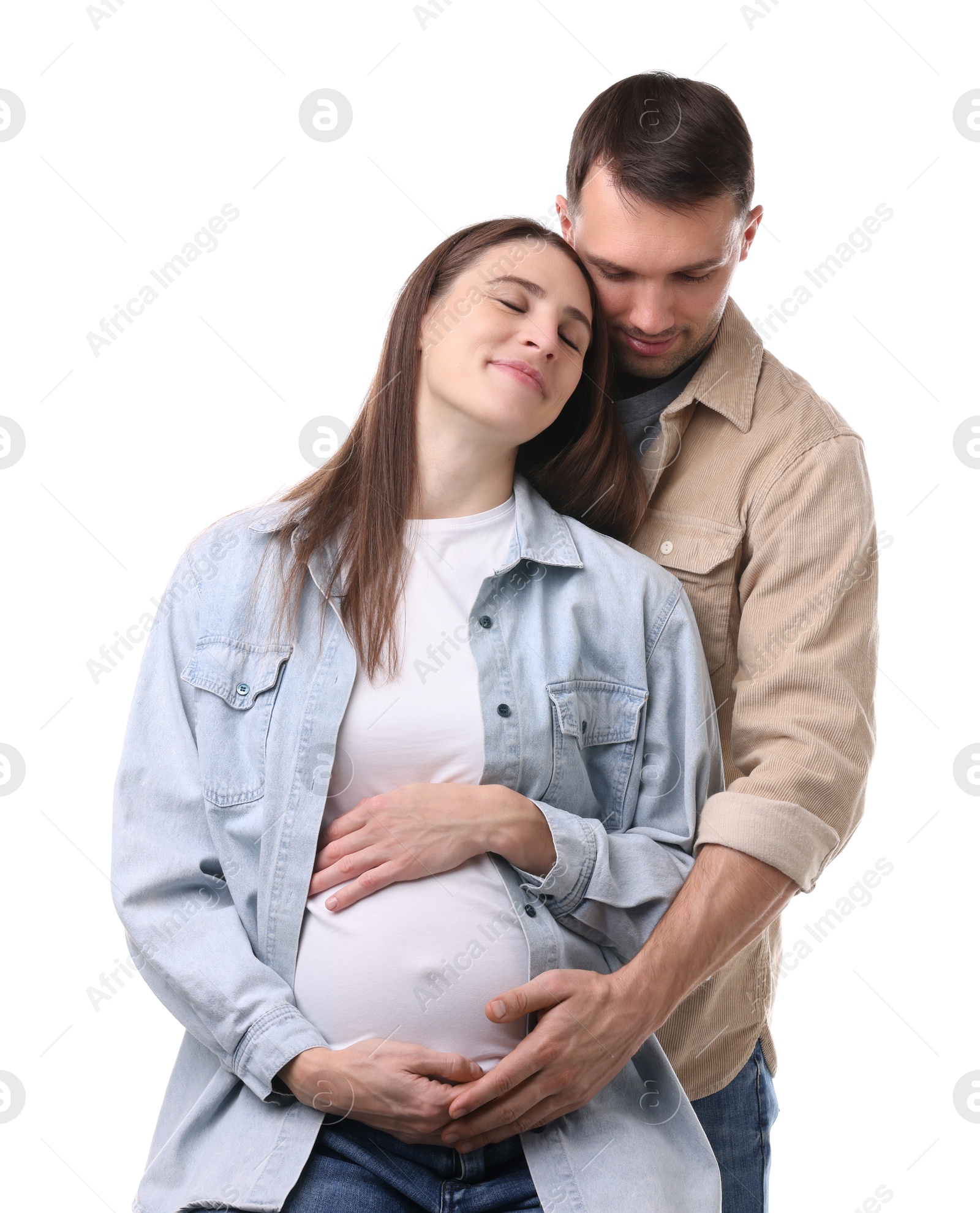 Photo of Pregnant woman and her husband on white background