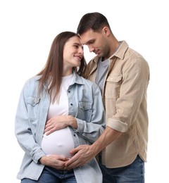 Photo of Pregnant woman and her husband on white background