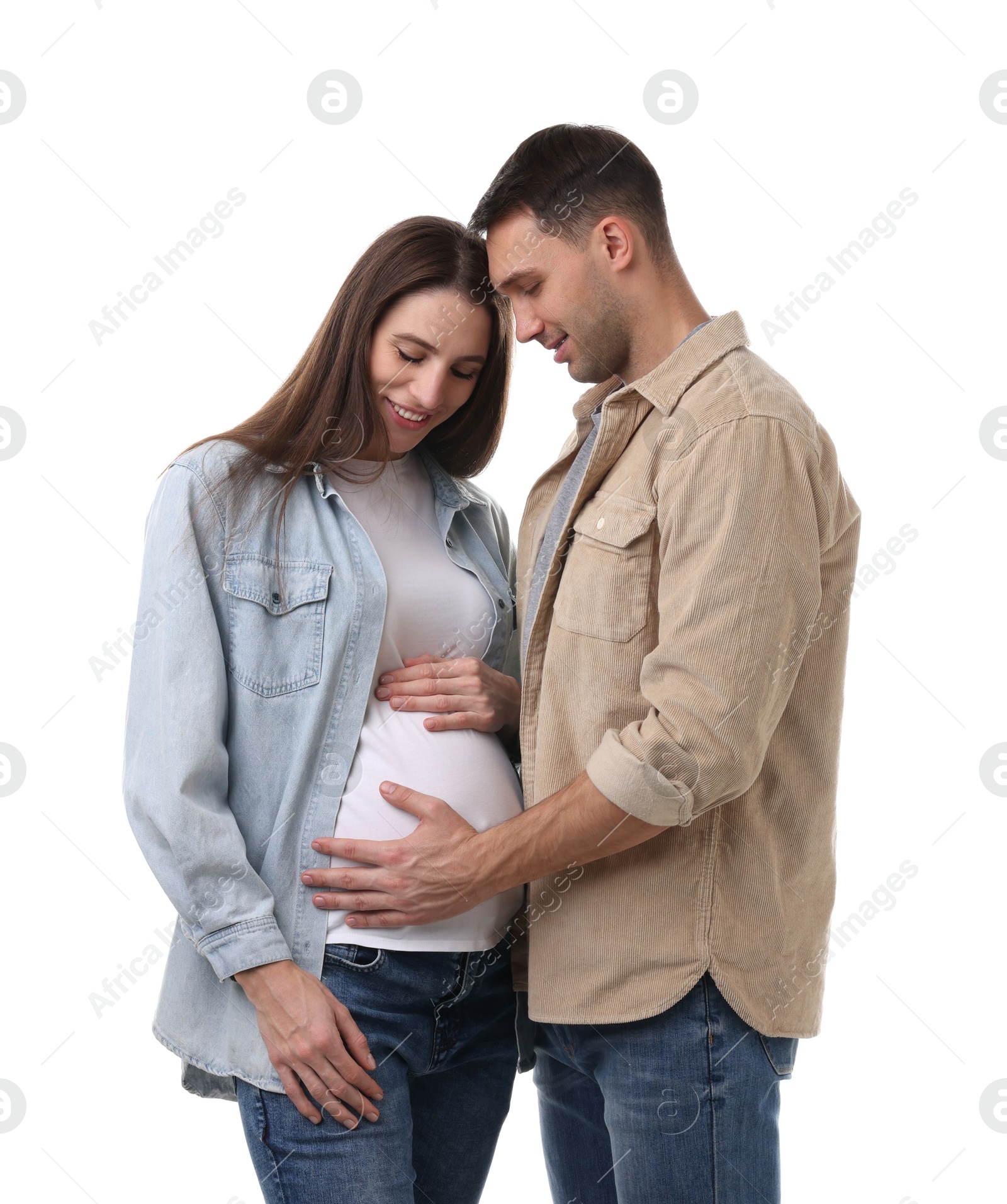 Photo of Pregnant woman and her husband on white background