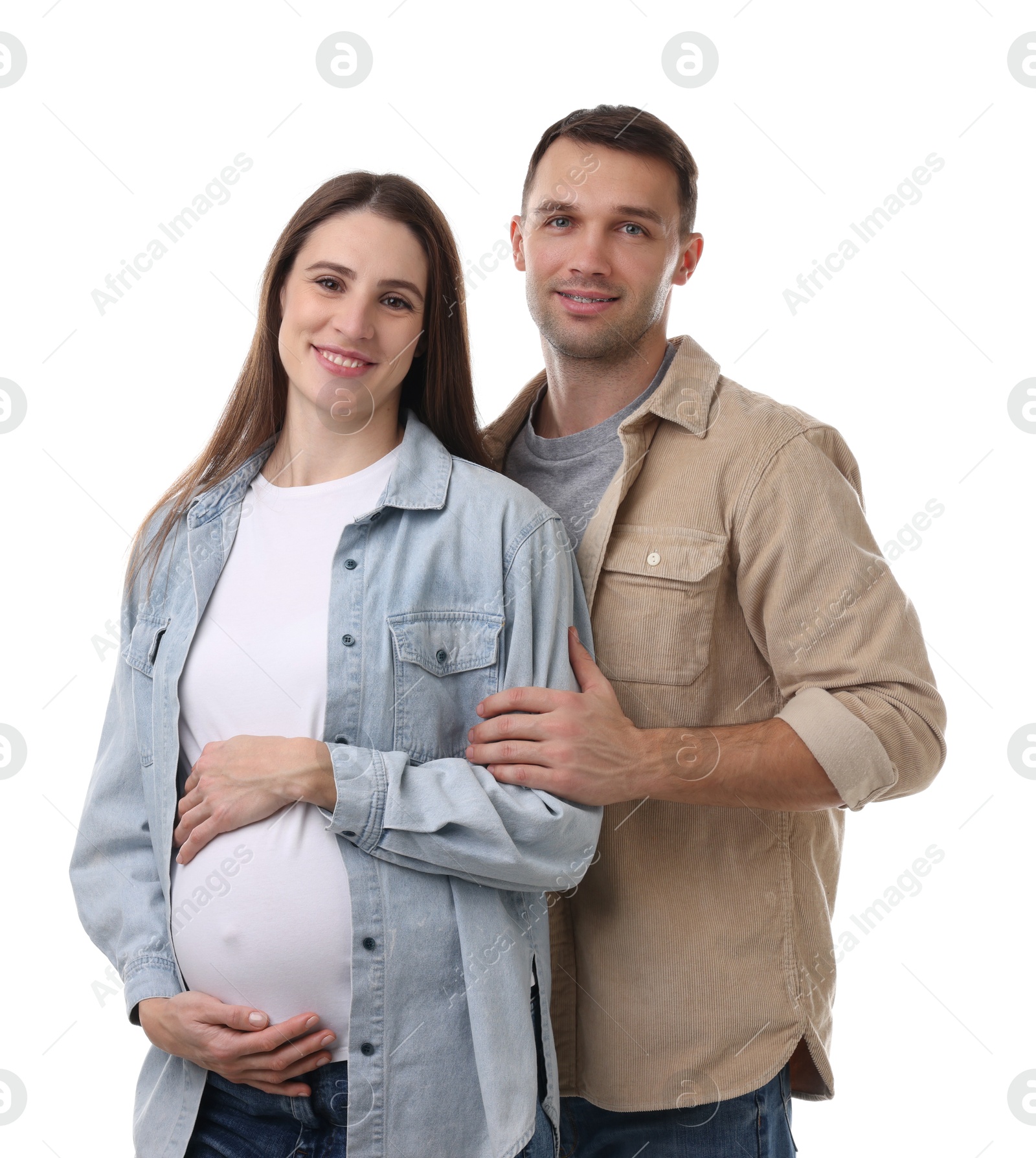 Photo of Pregnant woman and her husband on white background