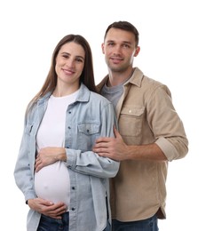 Photo of Pregnant woman and her husband on white background