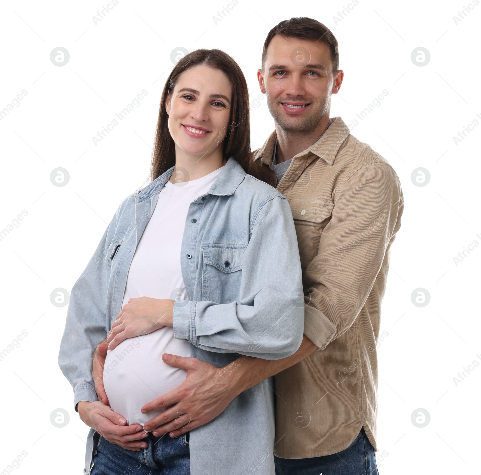 Photo of Pregnant woman and her husband on white background