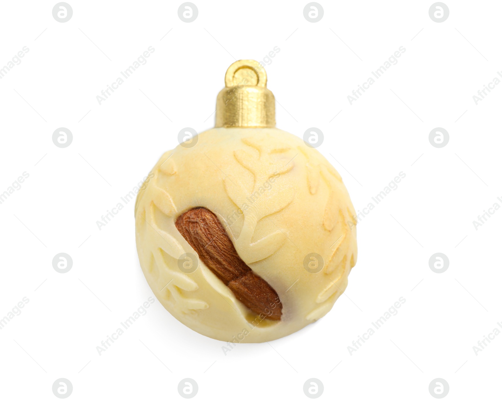 Photo of Delicious chocolate in shape of Christmas bauble isolated on white, top view