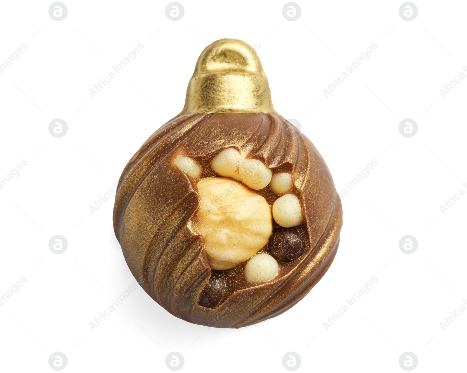 Photo of Delicious chocolate in shape of Christmas bauble isolated on white, top view