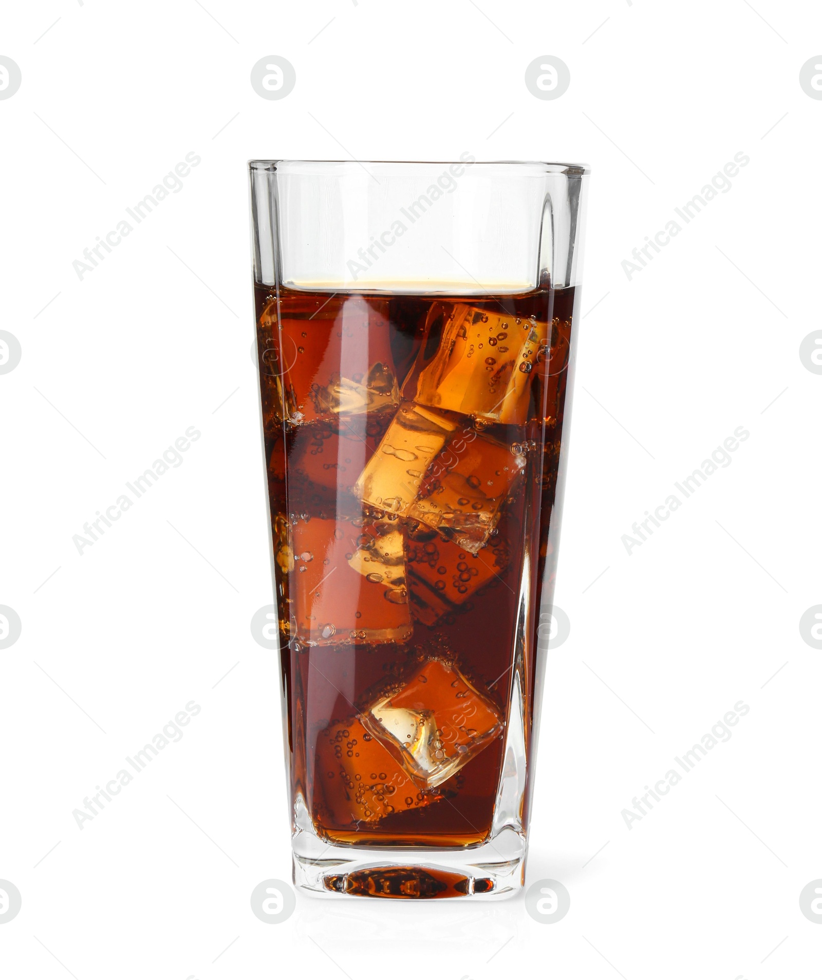 Photo of Refreshing cola with ice cubes in glass isolated on white