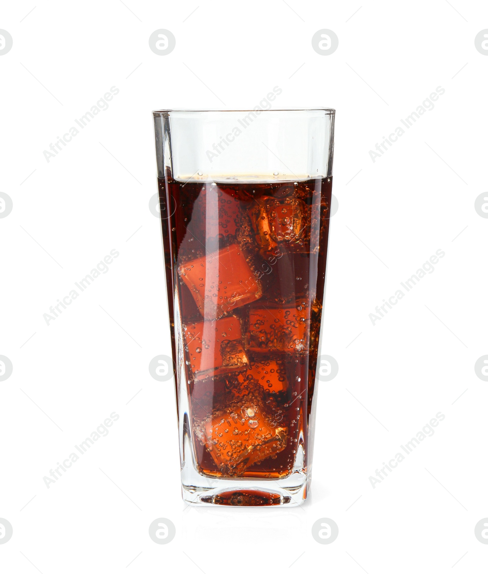 Photo of Refreshing cola with ice cubes in glass isolated on white