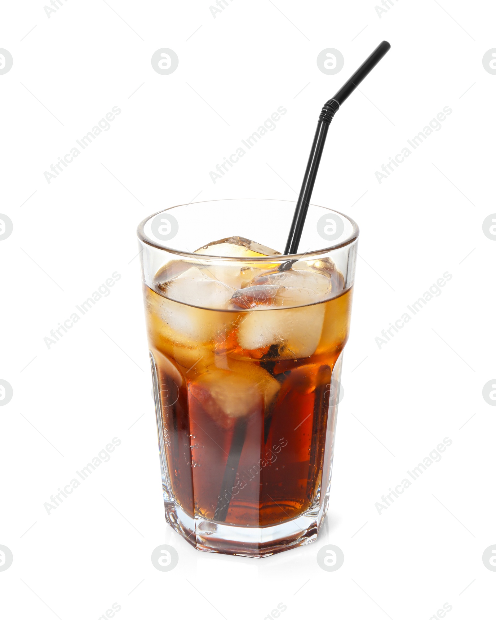 Photo of Refreshing cola with ice cubes and drinking straw in glass isolated on white