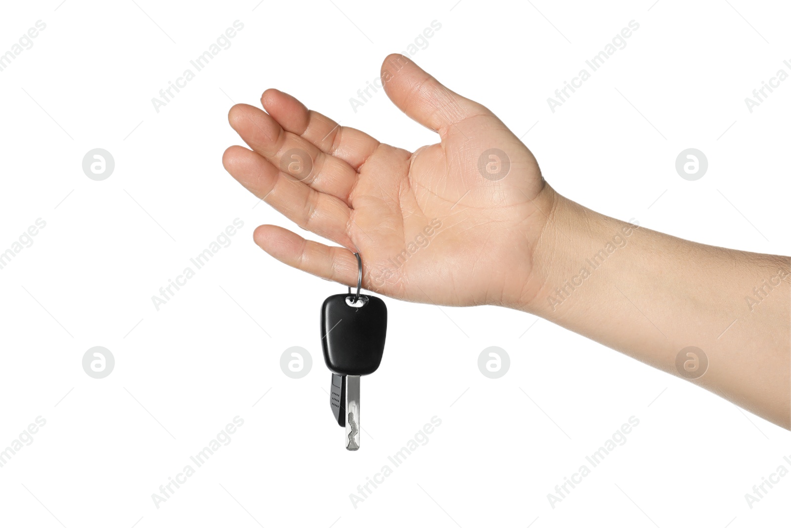 Photo of Man with car keys on white background, closeup