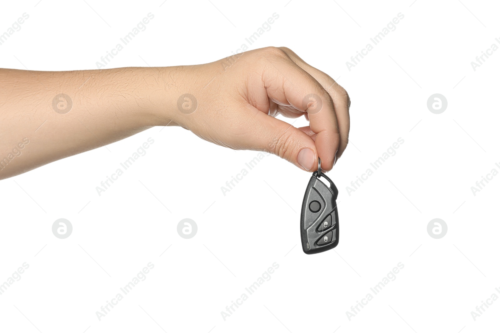 Photo of Man with car flip key on white background, closeup