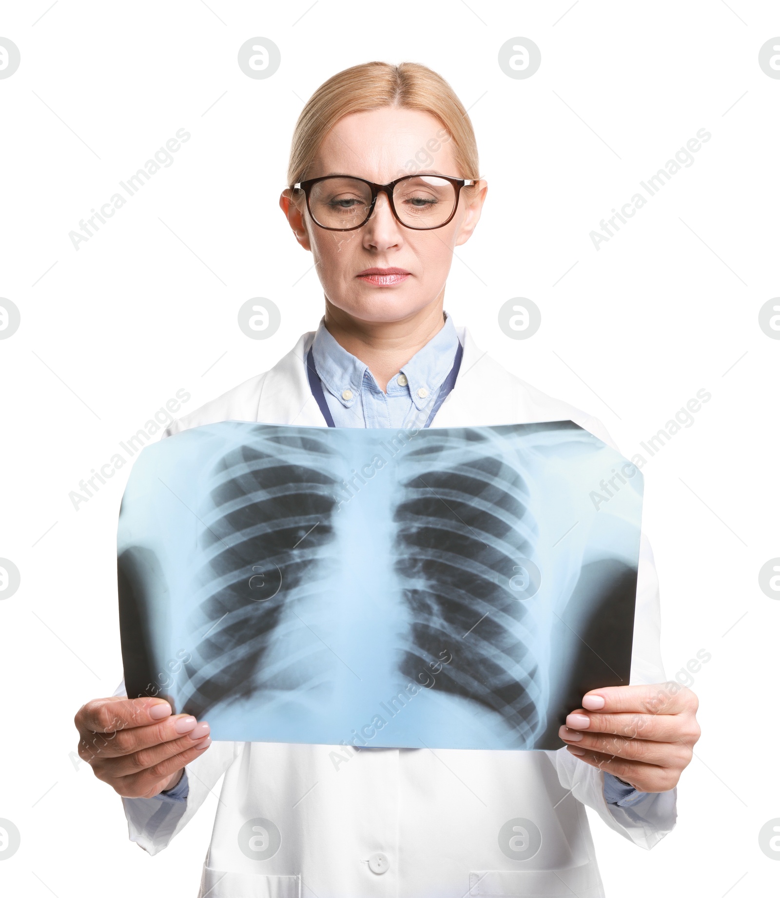 Photo of Doctor examining chest x-ray on white background