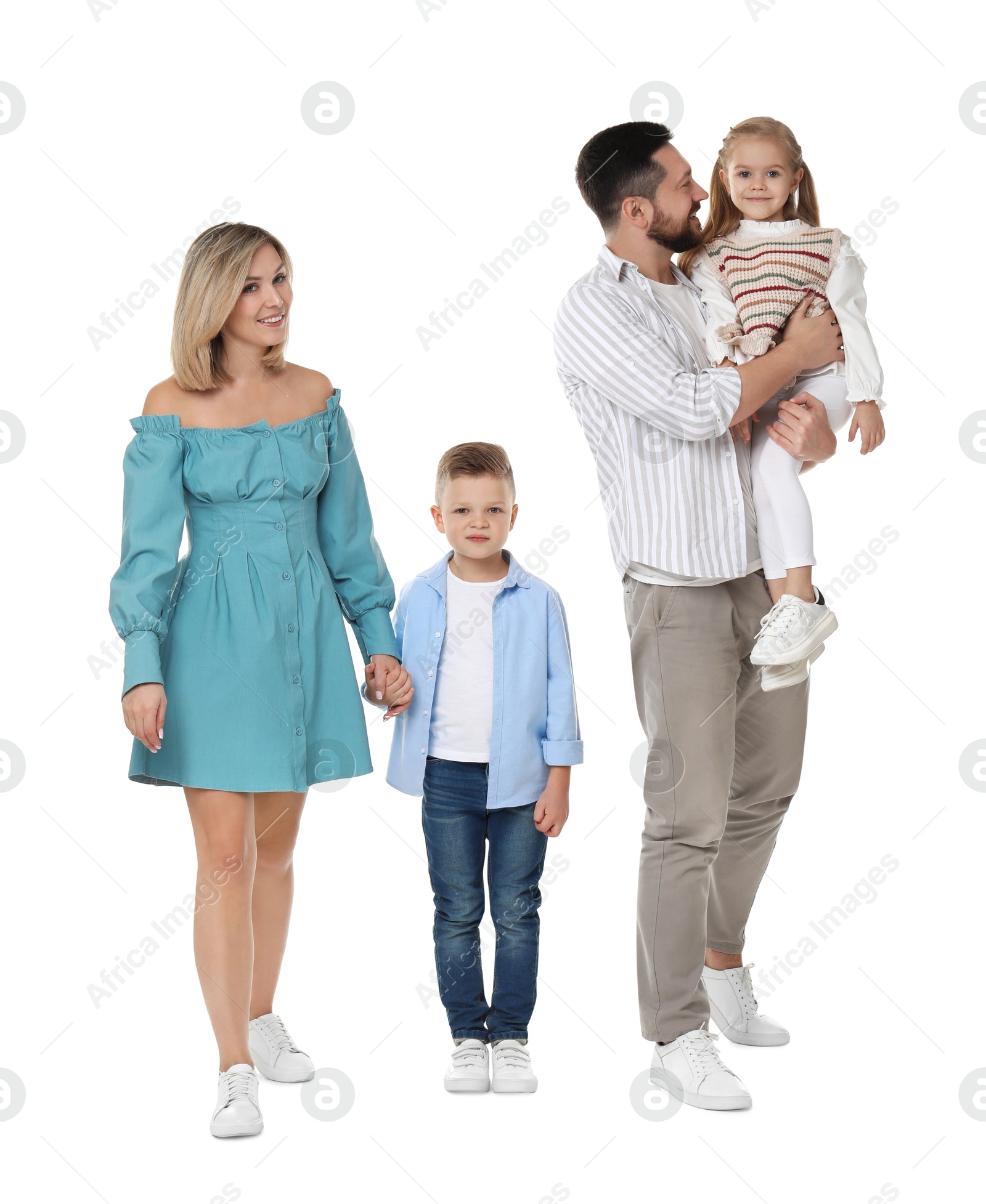 Photo of Happy parents with their children on white background