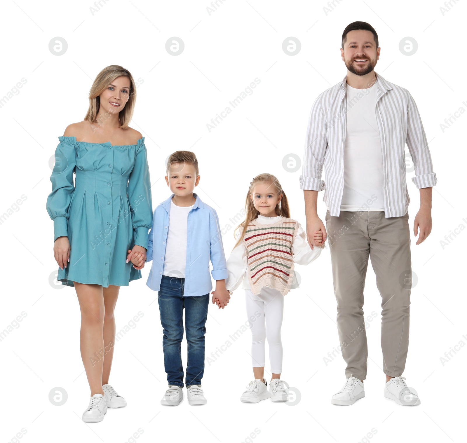 Photo of Happy parents with their children on white background