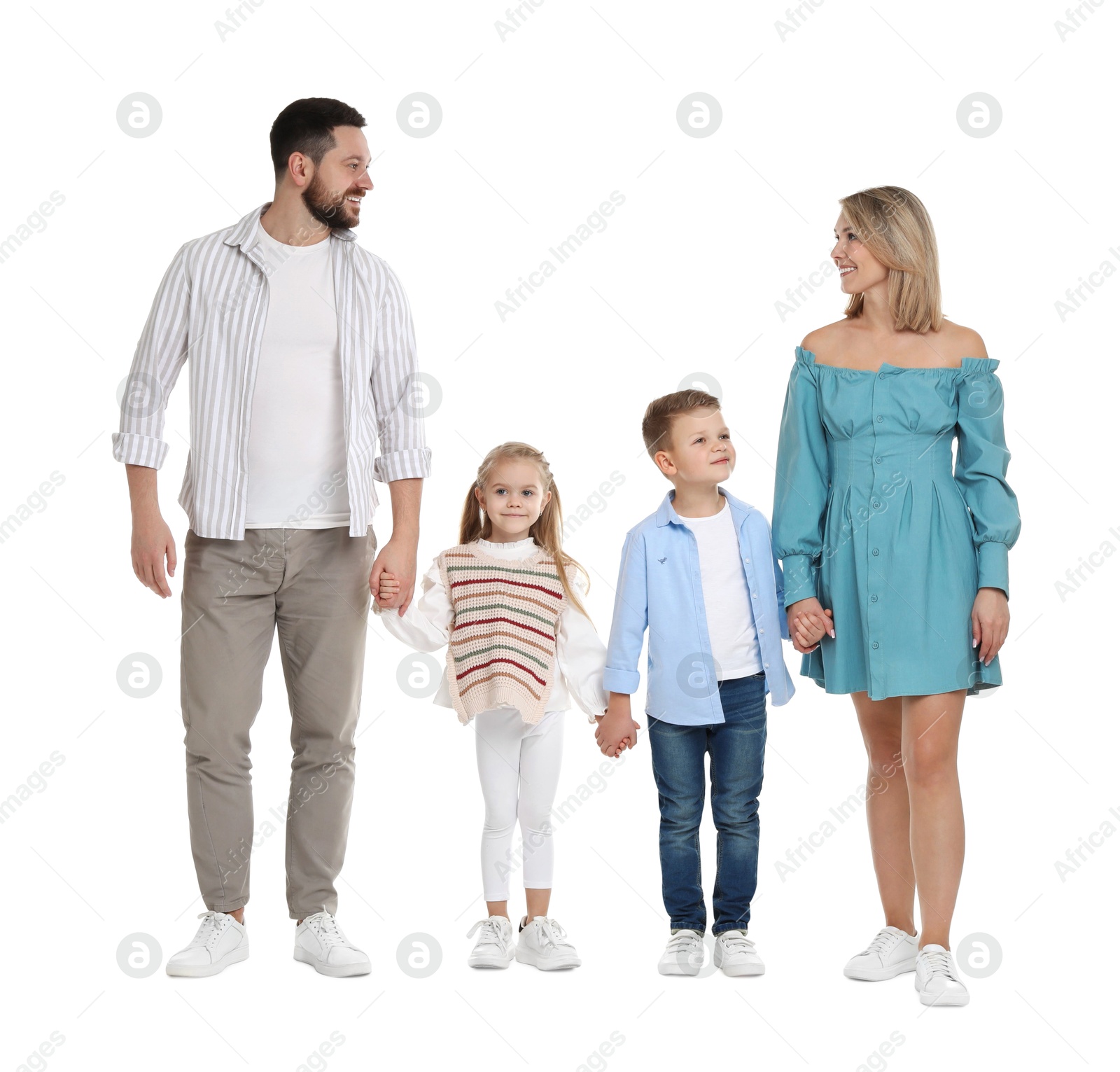 Photo of Happy parents with their children on white background