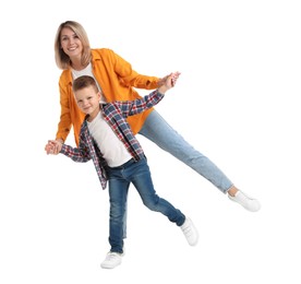 Photo of Happy mother with her cute little son on white background