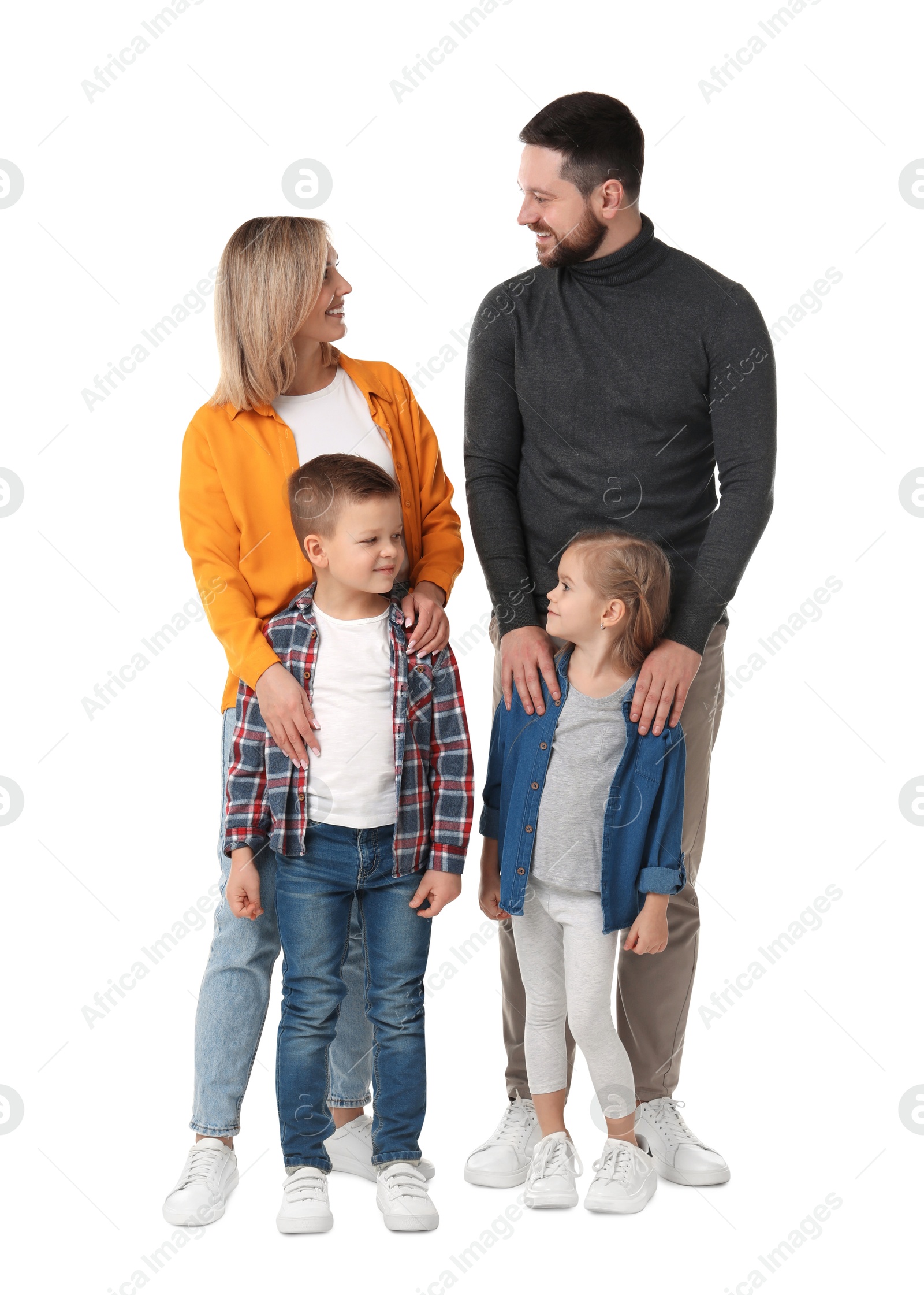 Photo of Happy parents with their children on white background