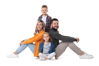 Photo of Happy parents with their children on white background