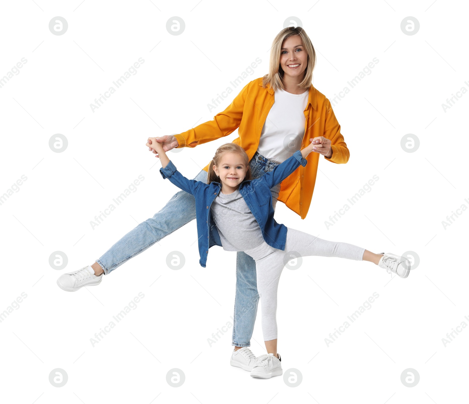 Photo of Happy mother with her cute little daughter on white background