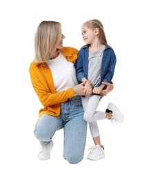 Photo of Happy mother with her cute little daughter on white background