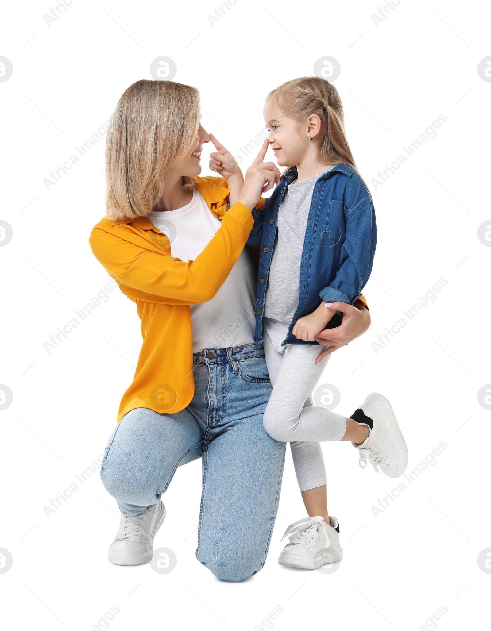 Photo of Happy mother with her cute little daughter on white background